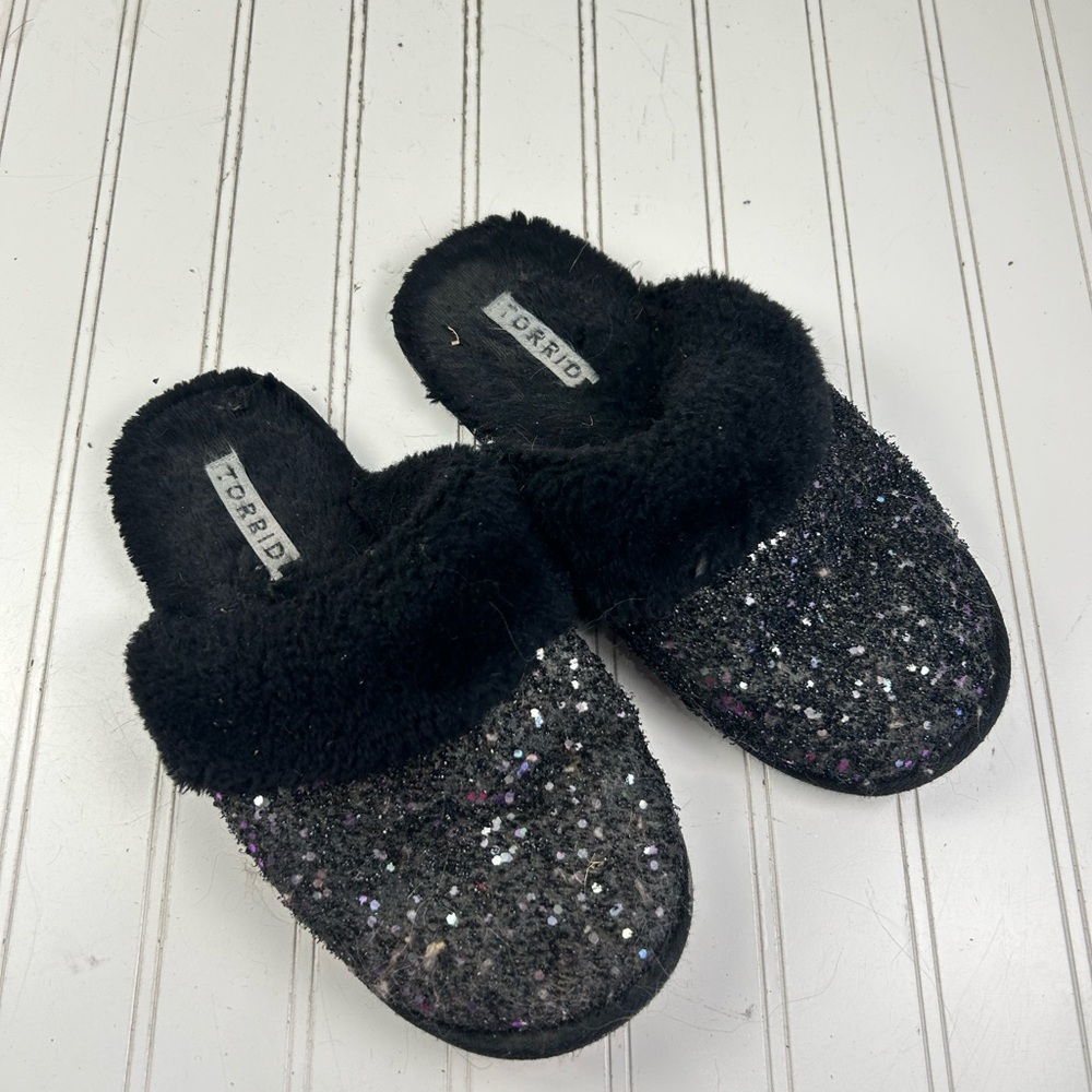 Torrid Black Faux Fur Glitter Slip On Slippers Womenโs Size 9M - Picture 3 of 9